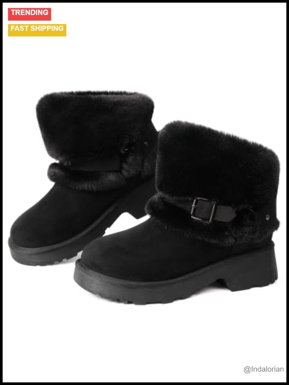 Faux Suede Faux Fur Lined Winter Ankle Boots Block Heel Platform Buckle Slip On